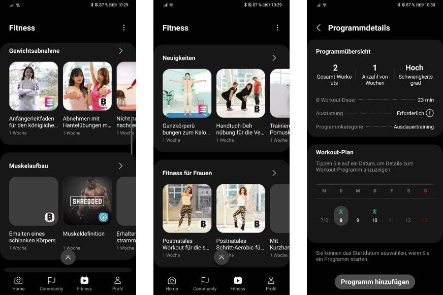 Предустановленные планы тренировок в приложении Samsung Health.